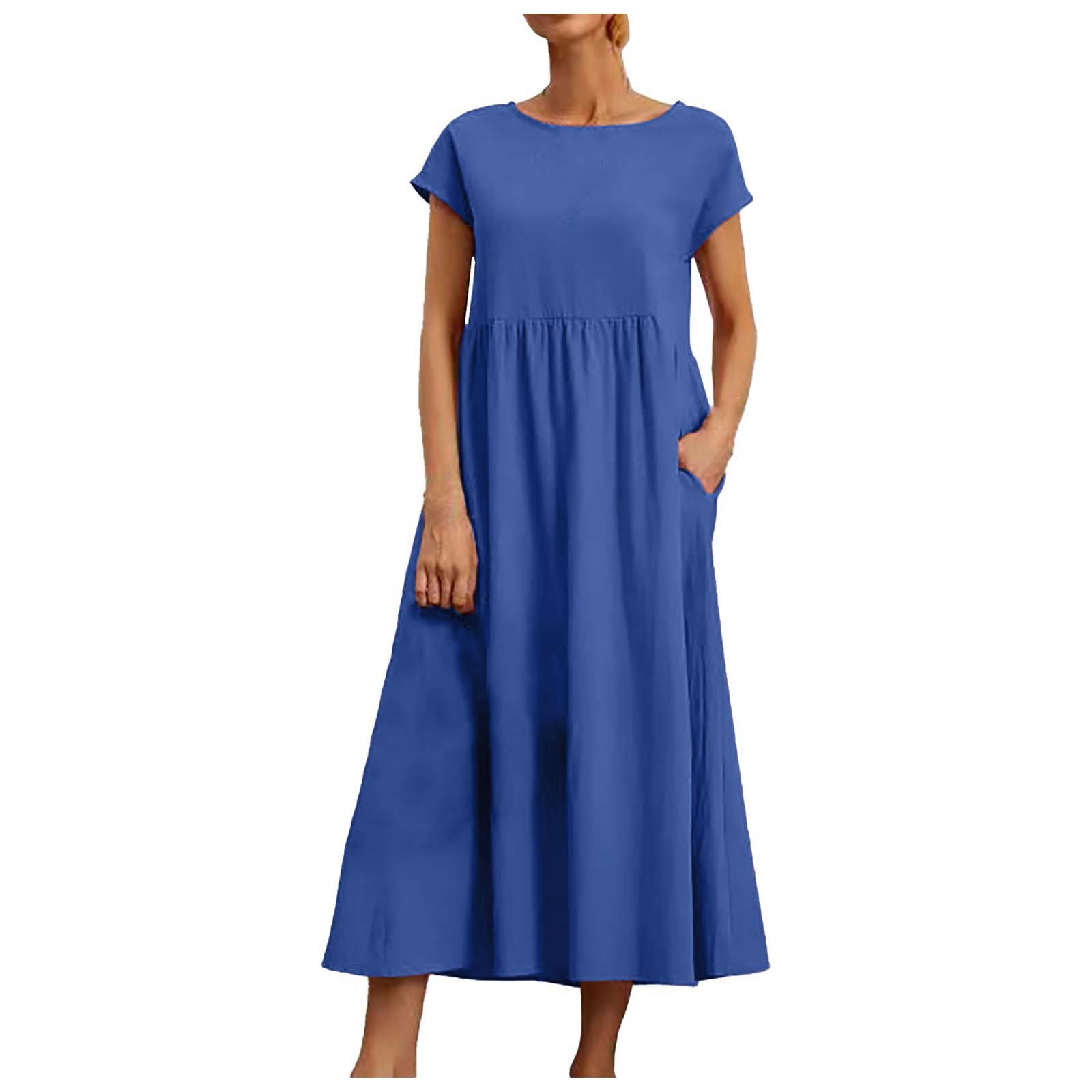 thumbnail image 4 of Vestido informal de lino sin mangas para mujer con bolsillos - Vestido midi de verano holgado con cuello redondo, 4 of 6